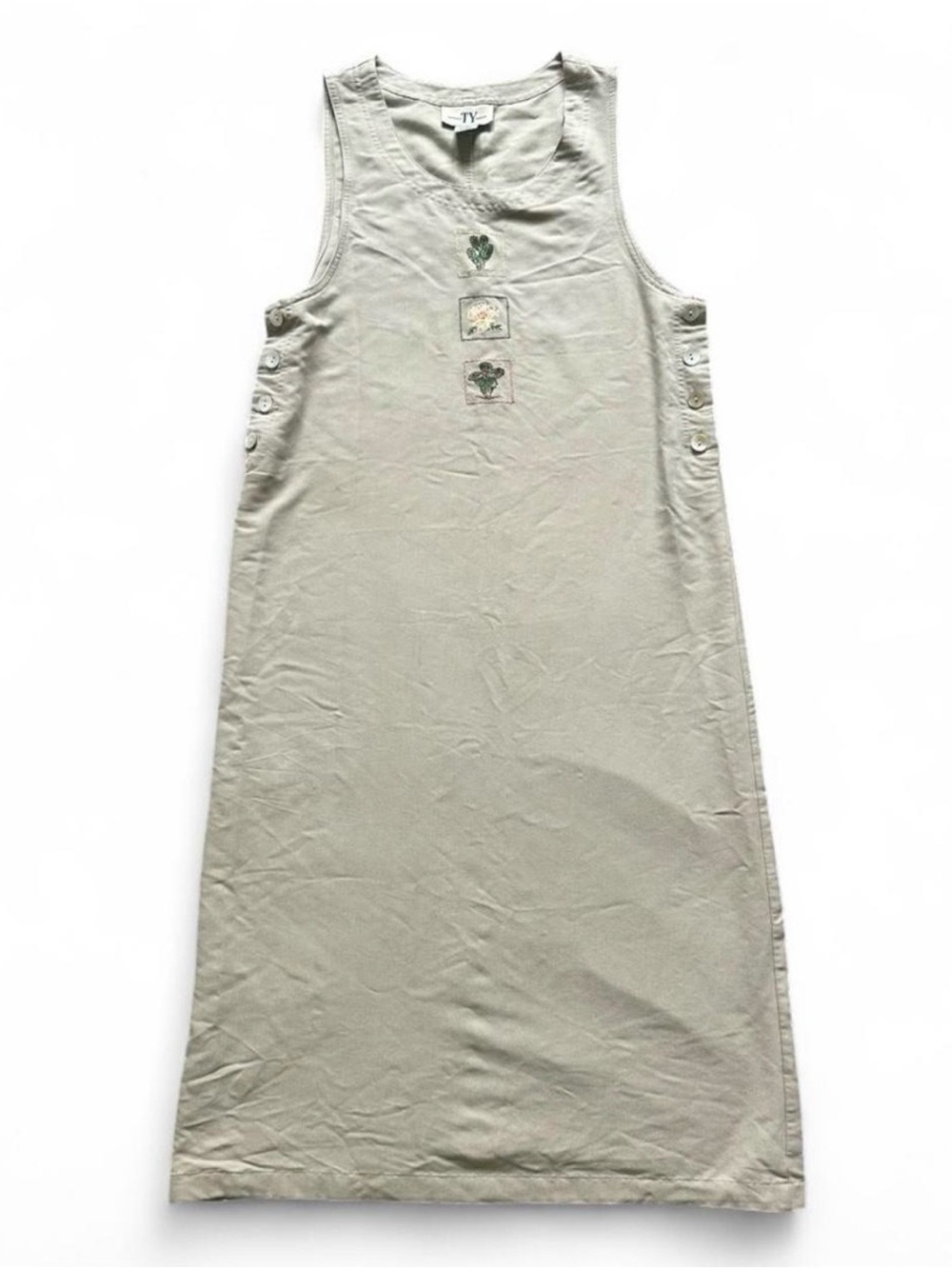 90s Vintage Ty Original Wear Khaki Denim Dress Sleeveless Jumper Floral Sz 8